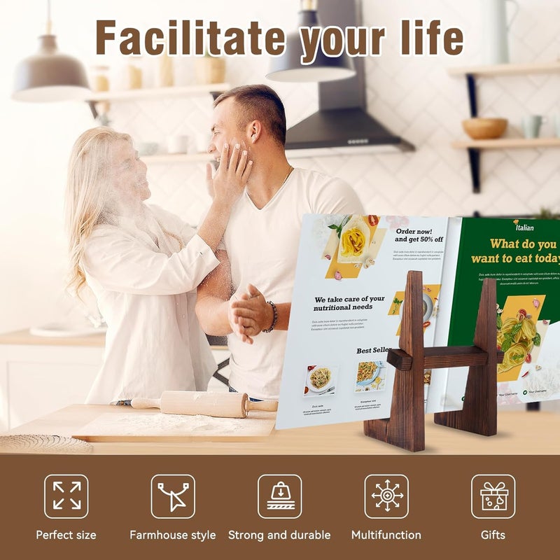 DEBETOOL Cookbook Stand for Kitchen - 8.8 inch Wooden Cookbook Holder for Kitchen Counter Decor, Multifunctional Recipe Book Stand, Rustic Brown Recipe Book Holder Stand - Image 4