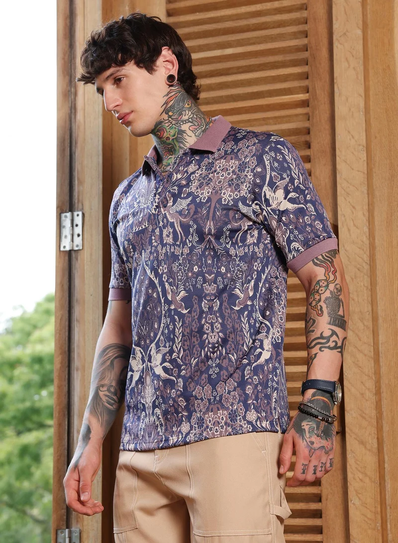 Campus Sutra Campus Sutra Men's Indigo Blue:Mauve Purple Indie Floral Jacquard-Knit Polo T-Shirt | Regular Fit Half Sleeve Polo Collar | Floral & Ornamental Print | Cotton Blend Fabric | Casual & Street Wear
