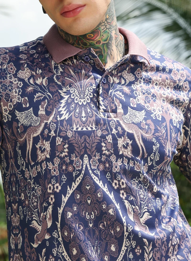 Campus Sutra Campus Sutra Men's Indigo Blue:Mauve Purple Indie Floral Jacquard-Knit Polo T-Shirt | Regular Fit Half Sleeve Polo Collar | Floral & Ornamental Print | Cotton Blend Fabric | Casual & Street Wear