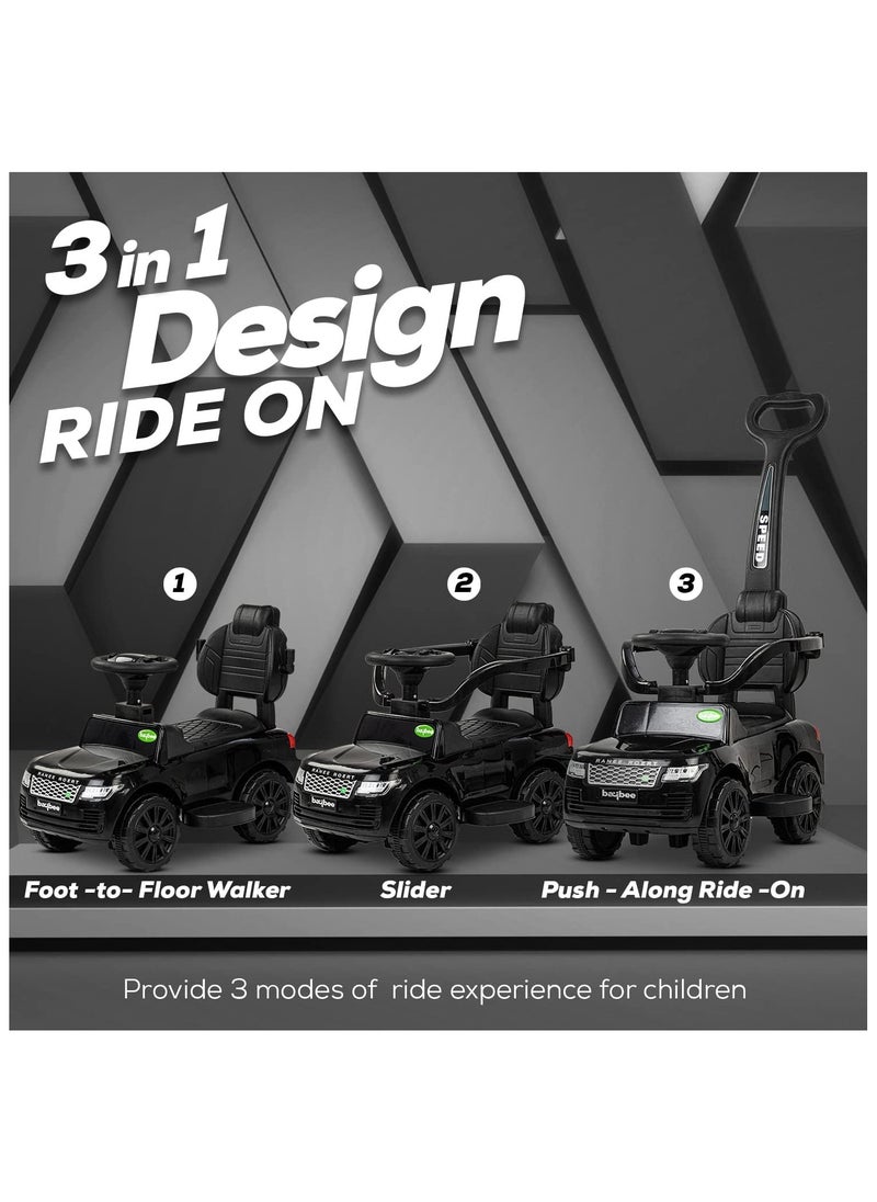 A children's ride-on rang roverr slide that has music and LED lighting and can be controlled 360 degrees for easy movement. A 3-in-1 ride-on children's slide (black)