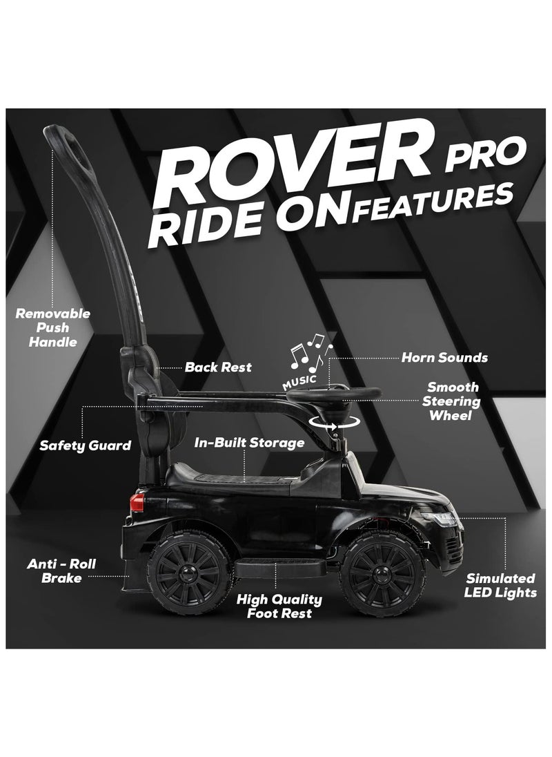 A children's ride-on rang roverr slide that has music and LED lighting and can be controlled 360 degrees for easy movement. A 3-in-1 ride-on children's slide (black)