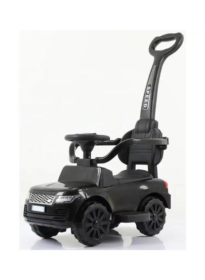 A children's ride-on rang roverr slide that has music and LED lighting and can be controlled 360 degrees for easy movement. A 3-in-1 ride-on children's slide (black)