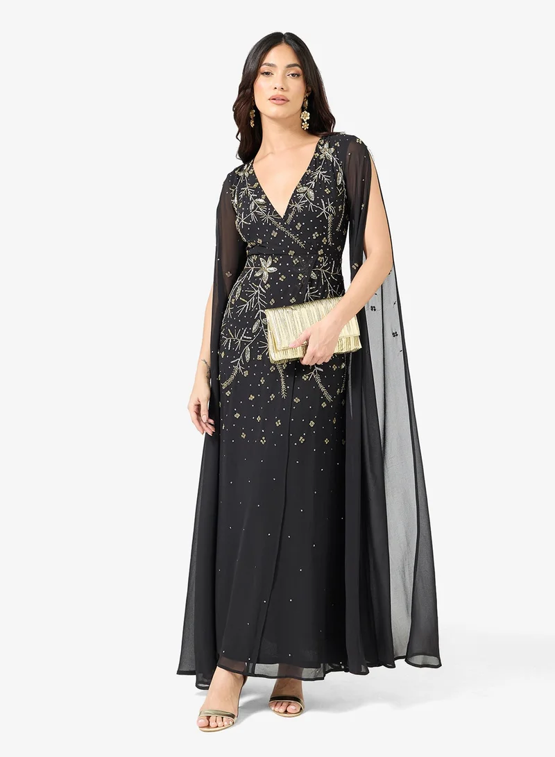 Embellished Long Cape Sleeve Maxi Dress