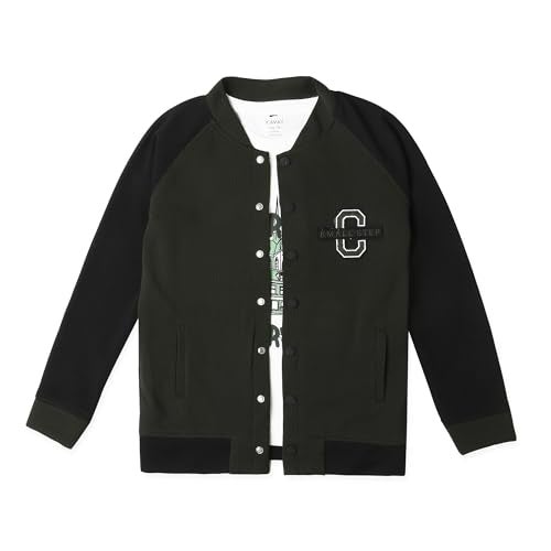 CAVIO Boys Cotton Blend Full Sleeves Colorblock Jacket and T-Shirt OliveGreen - Image 1