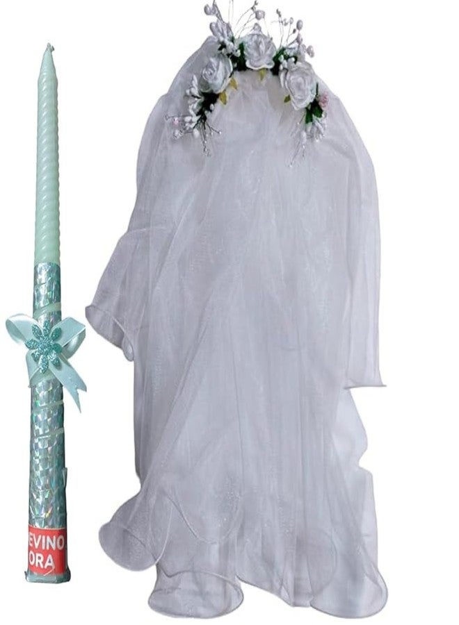 Devino ora Veil Flower Headband Hair Wreath Floral Crown Veil Girls Veil First Holy Communion Veils Headpiece Veil Confirmation veil hair accessories and decorated candle (Combo) for Christian ritual - Image 1
