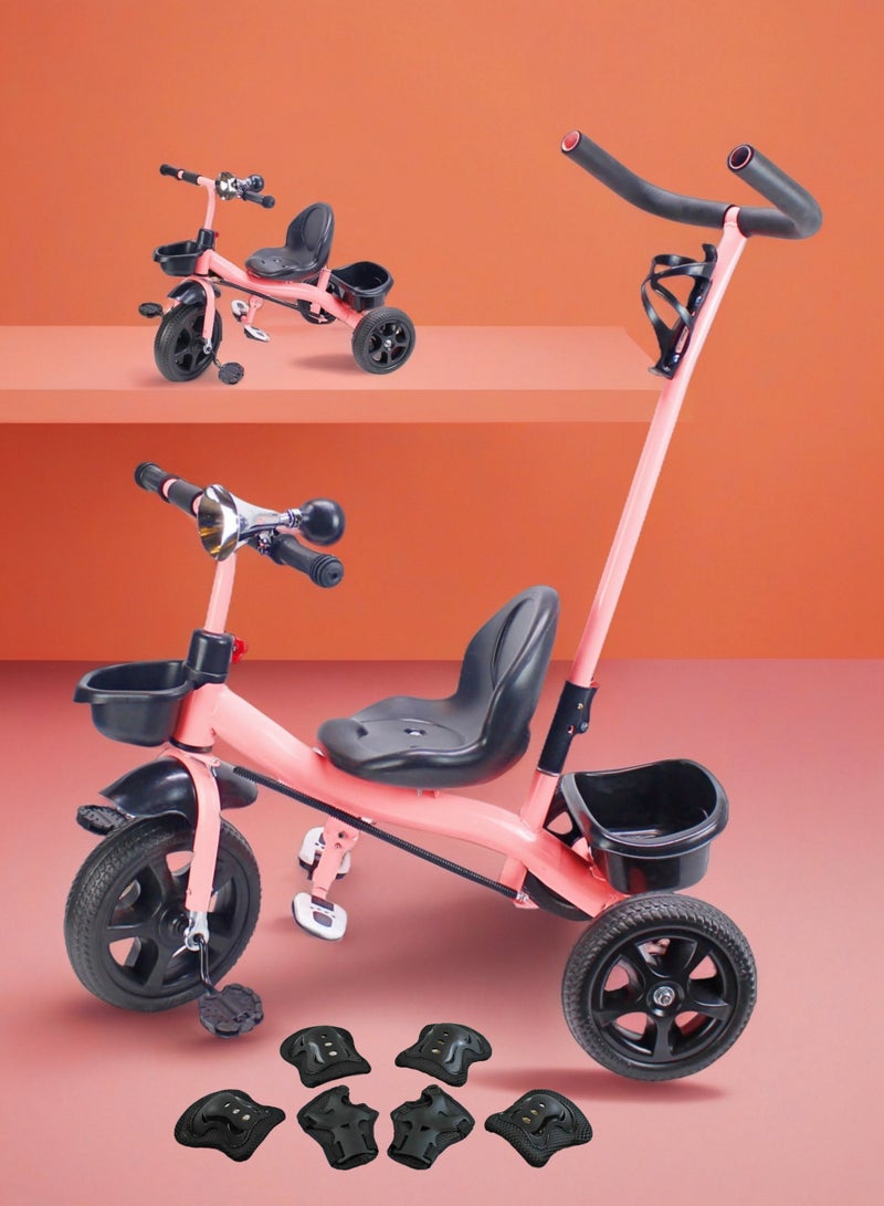 EASY FUTURE Kids Ride-On Tricycle with Parental Push Handle - Baby Bicycle Toy with Storage Basket Available in Grey, Red & Pink Package Include Protective Gear Set - Image 1