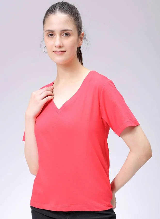 Freehand Women Regular Fit Solid V-Neck T-Shirt