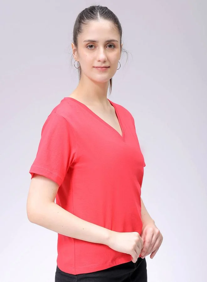 Freehand Women Regular Fit Solid V-Neck T-Shirt
