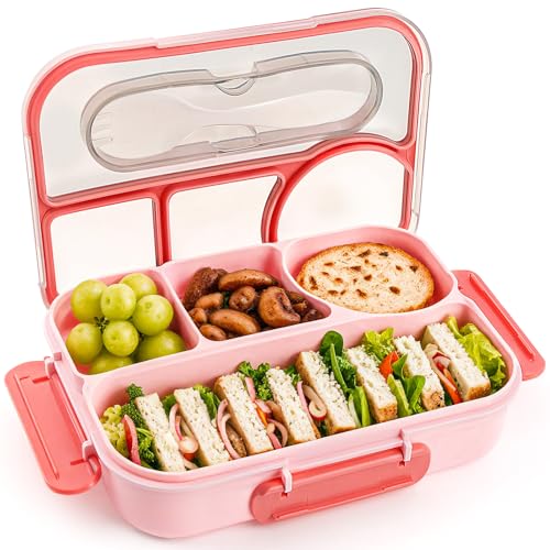 EASYFUN Bento Box Adult, Lunch Box, 4-Compartment Lunch Containers, Drop-Proof, Dishwasher Safe & Made with BPA-Free Materials (Pink) - Image 1