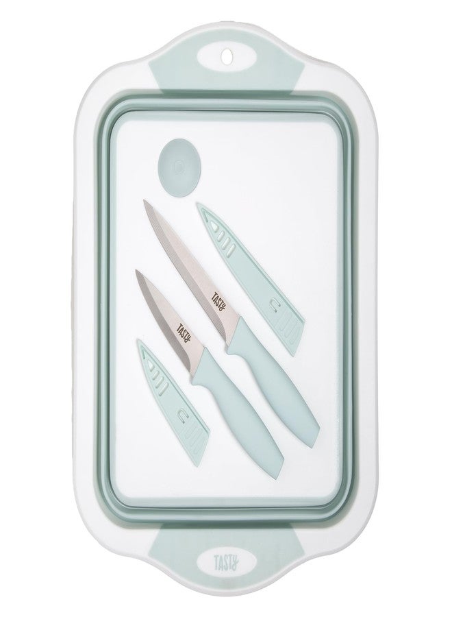 تيستي طقم أدوات مائدة متعدد الاستخدامات من Tasty، يتضمن لوح تقطيع مع حوض قابل للطي سعة 7.5 كوارت، وسكاكين متعددة الاستخدامات وسكاكين تقشير، تصميم موفر للمساحة، طقم من 3 قطع، آمن للغسل في غسالة الأطباق - Image 1