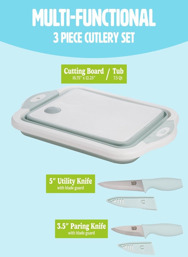 تيستي طقم أدوات مائدة متعدد الاستخدامات من Tasty، يتضمن لوح تقطيع مع حوض قابل للطي سعة 7.5 كوارت، وسكاكين متعددة الاستخدامات وسكاكين تقشير، تصميم موفر للمساحة، طقم من 3 قطع، آمن للغسل في غسالة الأطباق - Image 2