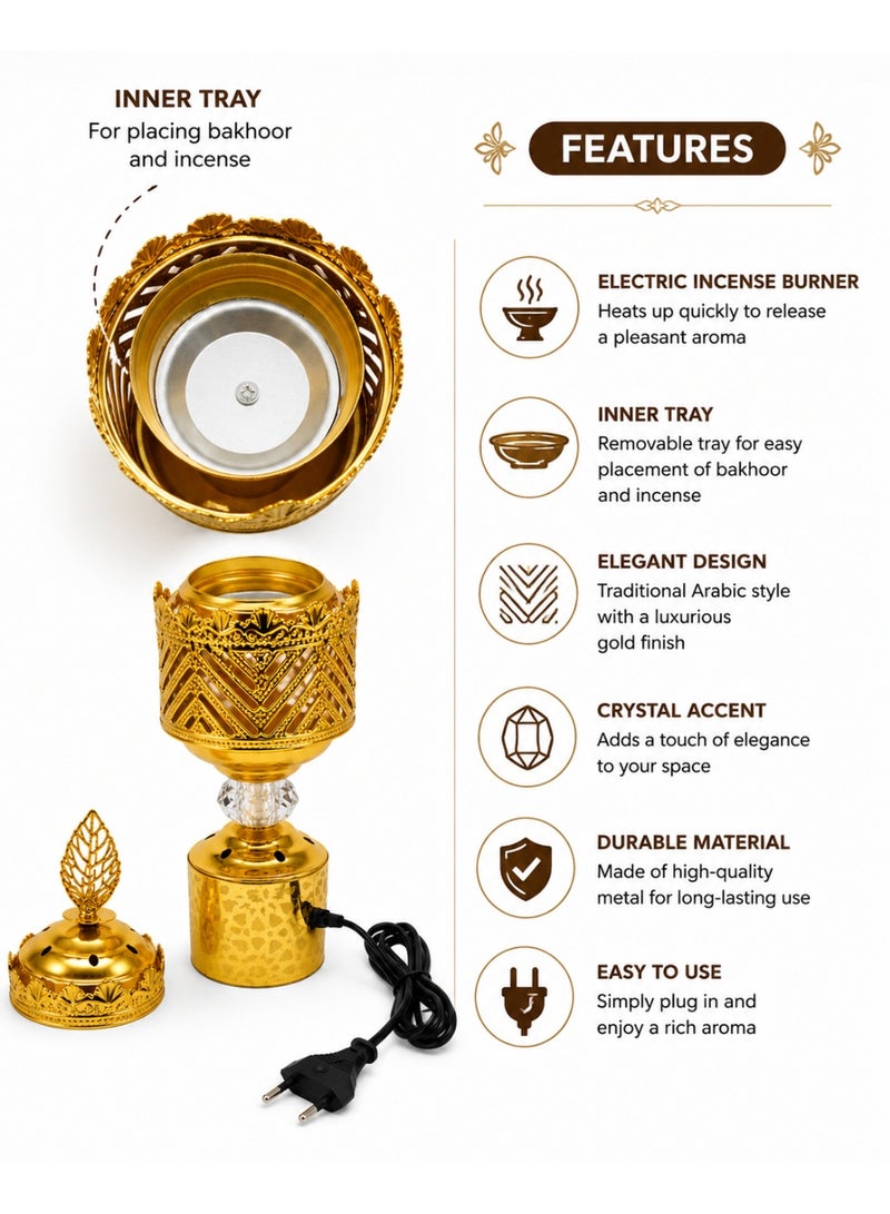 Luxury Gold Electric Bakhoor Burner 22 cm, Decorative Arabic Incense & Oud Holder for Home and Majlis - Image 3