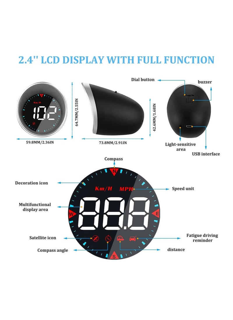 SHEZA STAR - Auto Car HUD Head Up Display KMH & MPH Digital GPS Smart Speedometer with OverSpeed Alarm Fatigue Driving Warning, Navigation Compass, 2.4'' LCD Screen, USB Plug & Play, for All Vehicle - Image 1