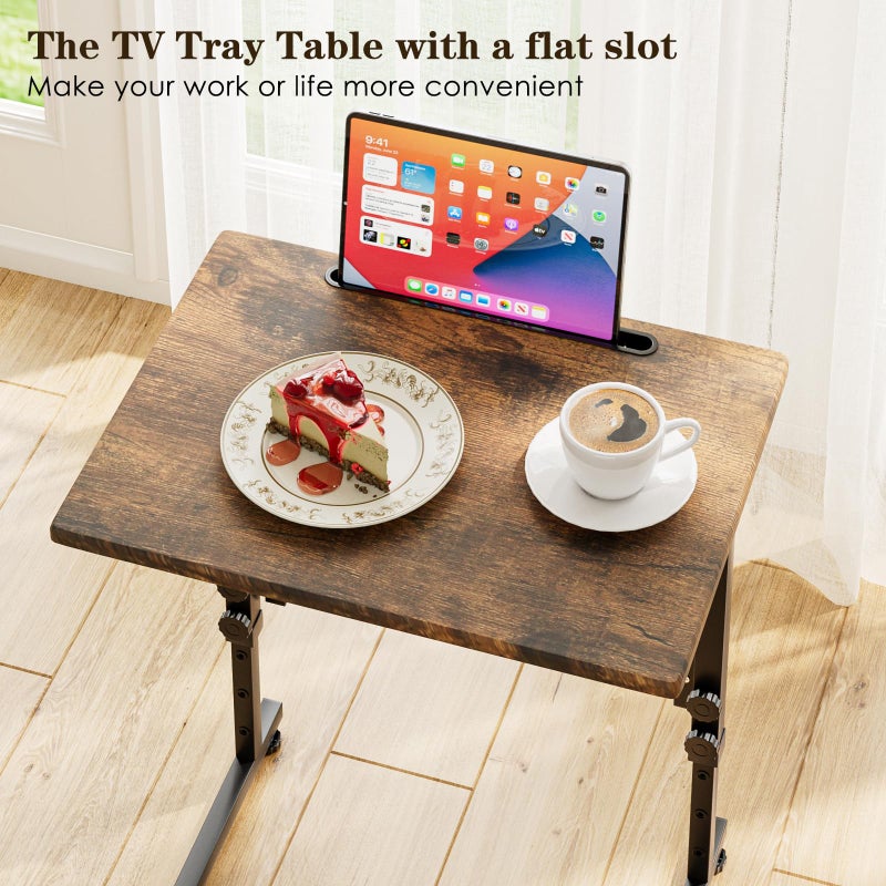 Fleecy day Adjustable Folding TV Tray Table,TV Dinner Small Foldable C-Shaped End Table for Eating,6 Height Adjustable Slide Under Couch Side with Sturdy MDF Top,No Assembly(Brown) - Image 5
