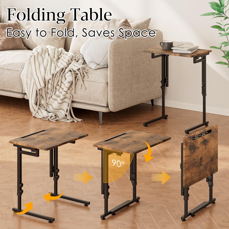 Fleecy day Adjustable Folding TV Tray Table,TV Dinner Small Foldable C-Shaped End Table for Eating,6 Height Adjustable Slide Under Couch Side with Sturdy MDF Top,No Assembly(Brown) - Image 4