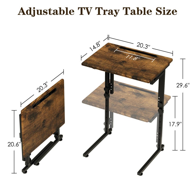 Fleecy day Adjustable Folding TV Tray Table,TV Dinner Small Foldable C-Shaped End Table for Eating,6 Height Adjustable Slide Under Couch Side with Sturdy MDF Top,No Assembly(Brown) - Image 3