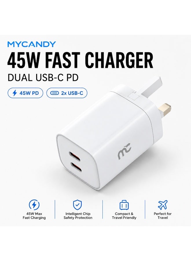 MYCANDY Tc-D45 45W Dual Usb-C Pd Travel Wall Charger For Iphone, Samsung & Usb-C Devices, White White - Image 1