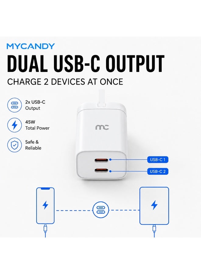 MYCANDY Tc-D45 45W Dual Usb-C Pd Travel Wall Charger For Iphone, Samsung & Usb-C Devices, White White - Image 5