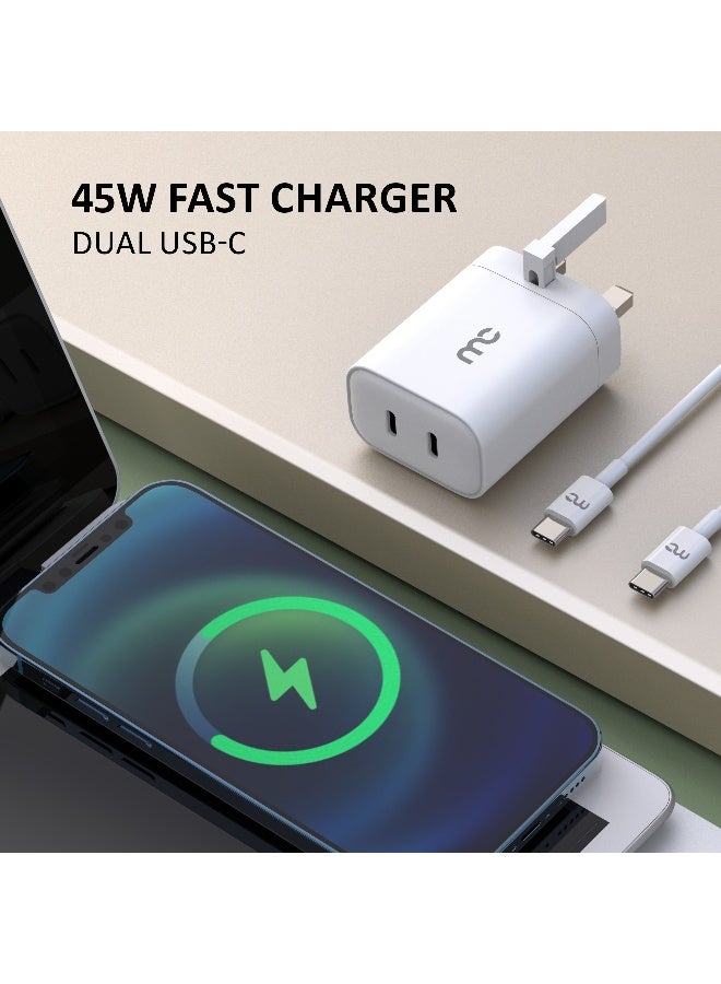 MYCANDY Tc-D45 45W Dual Usb-C Pd Travel Wall Charger For Iphone, Samsung & Usb-C Devices, White White - Image 3