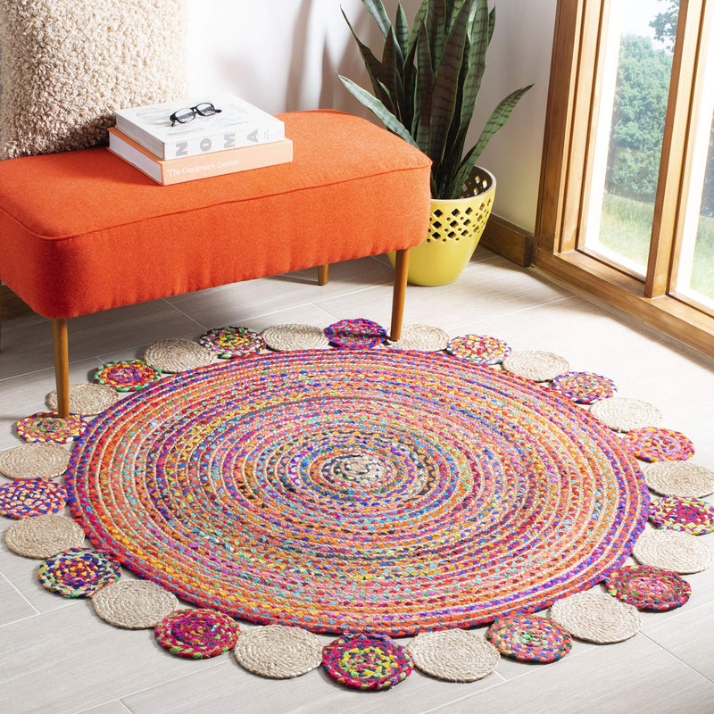 Safavieh SAFAVIEH Cape Cod Collection 7 Round Red  Multi CAP201A Handmade Boho Braided Jute  Cotton Area Rug 
