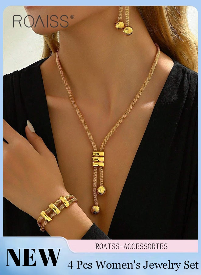 رويس مجموعة مجوهرات مكونة من 4 قطع من الأقراط الذهبية والقلائد والأساور للنساء، قلادة عصرية، إكسسوارات رائعة وأنيقة، مناسبة لحفلات الزفاف والارتداء اليومي - Image 1