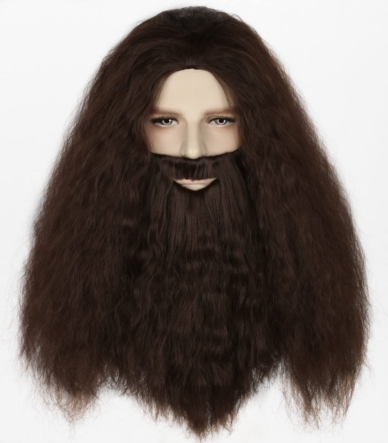 LeMarnia Men's Wig Beard set Wizard Wig Dark Brown Fluffy Wig Cosplay Halloween Costume Wig - Image 1