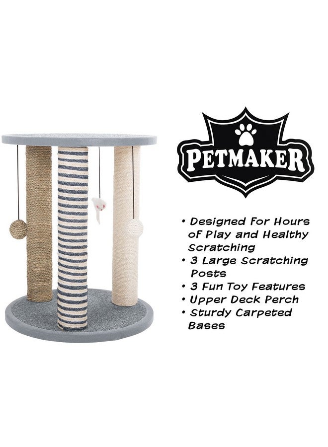 PETMAKER Cat Scratching Post - 3 Scratcher Posts with Carpeted Scratch Pad Base and Perch - Furniture Scratching Deterrent for Indoor Cats by PETMAKER (Gray) - Image 1