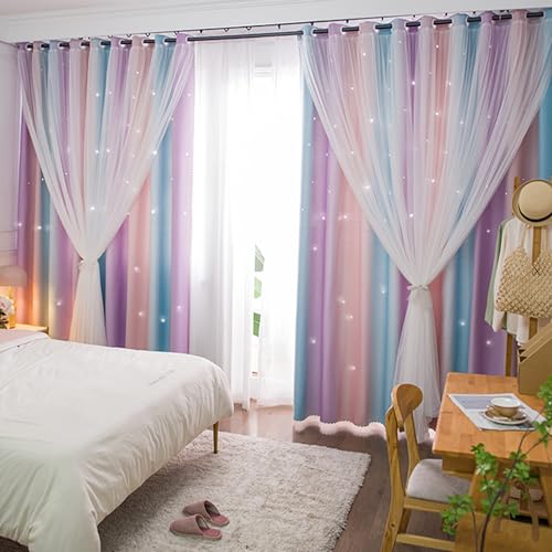 Yancorp Curtains for Girls Bedroom Kids Room Curtain Colorful Window Nursery Curtain 96 inches Length Room Darkening Grommet 2 Layers (Pink Purple, W52 X L96) - Image 3