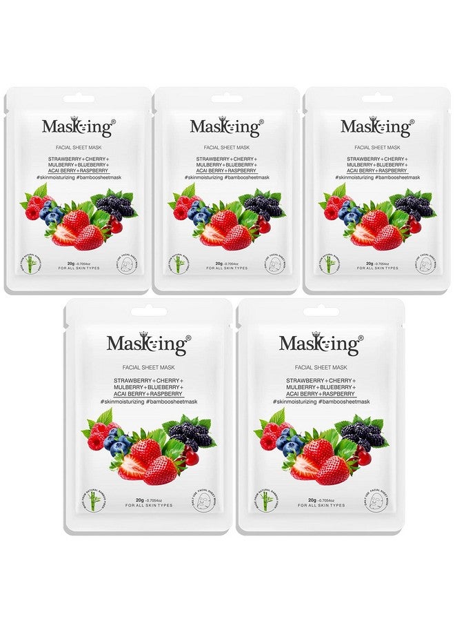 MasKing Bamboo Facial Sheet Mask of Strawberry, Cherry, Mulberry, Blueberry, Acai Berry & Raspberry for Skin Moisturizing Ideal for Women & Men, 20ml each (Pack of 5) - Image 1
