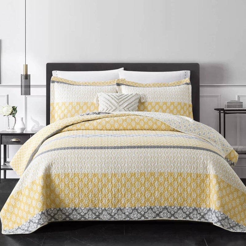 PERHOM Yellow Quilt King Size  King Quilt Set 100 LongStaple Cotton Floral Quilt Bedding Set Bedspreads Patchwork Reversible Lightweight Comforter Bed Spread for All Season YellowGray 3 Pcs