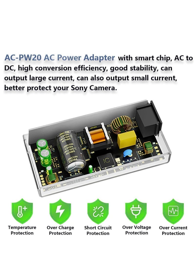 AC-PW20 AC Power Adapter & NP-FW50 Dummy Battery Kit for Sony Alpha Cameras – Compatible with ZV-E10, A7 Series, A6500, A6400, A6300, A6100, A6000, A5100, RX10, NEX Models