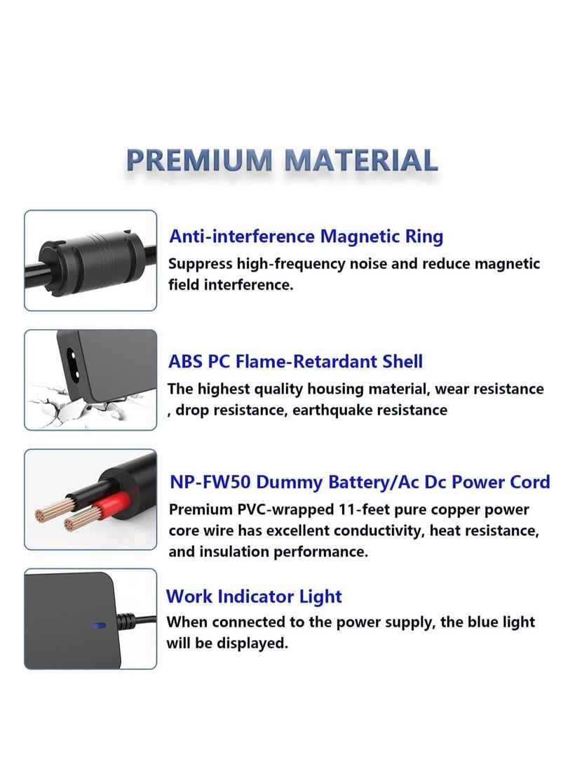 AC-PW20 AC Power Adapter & NP-FW50 Dummy Battery Kit for Sony Alpha Cameras – Compatible with ZV-E10, A7 Series, A6500, A6400, A6300, A6100, A6000, A5100, RX10, NEX Models