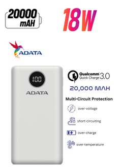 ADATA Power Bank P20000QCD | 20,000 mAh | Fast Charging Qualcomm QC 3.0 USB Type-C and Type-A | Compatible with iPhone, Samsung, iPad, and More 18 watt | White  - Image 1