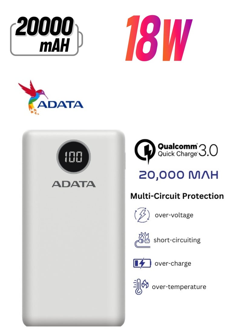 ADATA Power Bank P20000QCD | 20,000 mAh | Fast Charging Qualcomm QC 3.0 USB Type-C and Type-A | Compatible with iPhone, Samsung, iPad, and More 18 watt | White  - Image 1