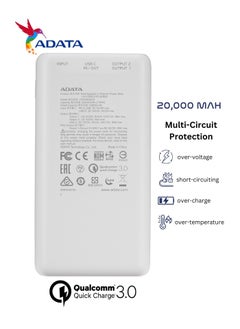 ADATA Power Bank P20000QCD | 20,000 mAh | Fast Charging Qualcomm QC 3.0 USB Type-C and Type-A | Compatible with iPhone, Samsung, iPad, and More 18 watt | White  - Image 3