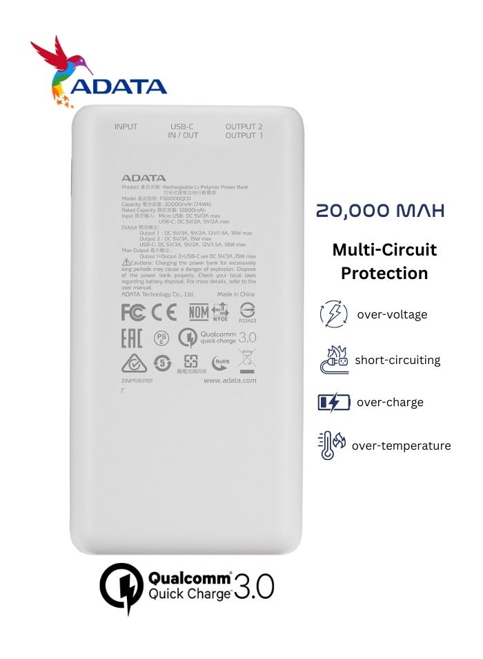 ADATA Power Bank P20000QCD | 20,000 mAh | Fast Charging Qualcomm QC 3.0 USB Type-C and Type-A | Compatible with iPhone, Samsung, iPad, and More 18 watt | White  - Image 3