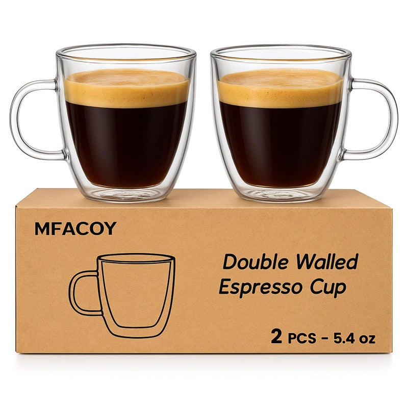 Mfacoy Glass Double Wall Insulated Espresso Cups (Set of 2), 5.4 oz Shots Cup with Handle, Insulated Glasses Mugs, Small Coffee Cups, Shot Glass - Image 1