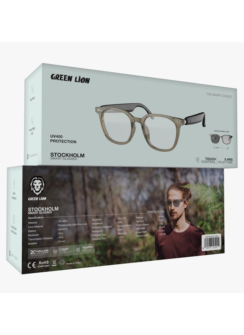 GREEN LION - GL-SG6 Stockholm Smart Glasses / Play & Pause / Answer & Reject Calls / Photochromic, Polarized & Anti-Blue Lens / Built-in Microphone / UV400 Protection / Voice Assistant / Remote Camera / Touch Control / TWS Function - Black - Image 1