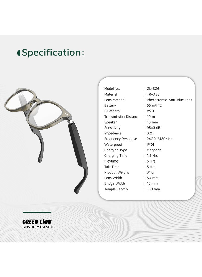 GREEN LION - GL-SG6 Stockholm Smart Glasses / Play & Pause / Answer & Reject Calls / Photochromic, Polarized & Anti-Blue Lens / Built-in Microphone / UV400 Protection / Voice Assistant / Remote Camera / Touch Control / TWS Function - Black - Image 1