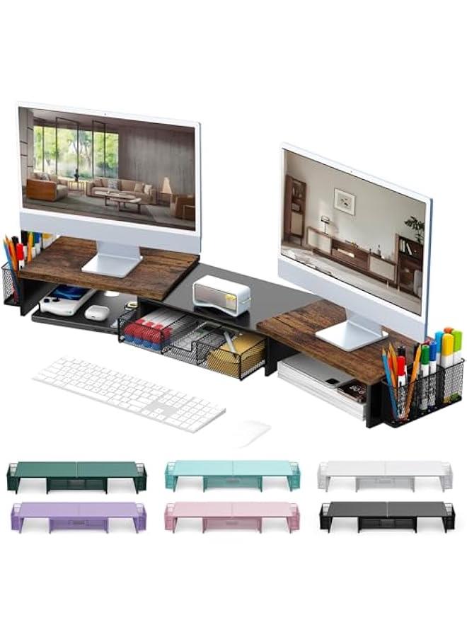 Arabest Dual Monitor Stand Riser, Desk Organizer With Drawer and 2 Pen Holders,Computer Monitor Stand, Desk Shelf for Top of Desk, Wood  - Image 1