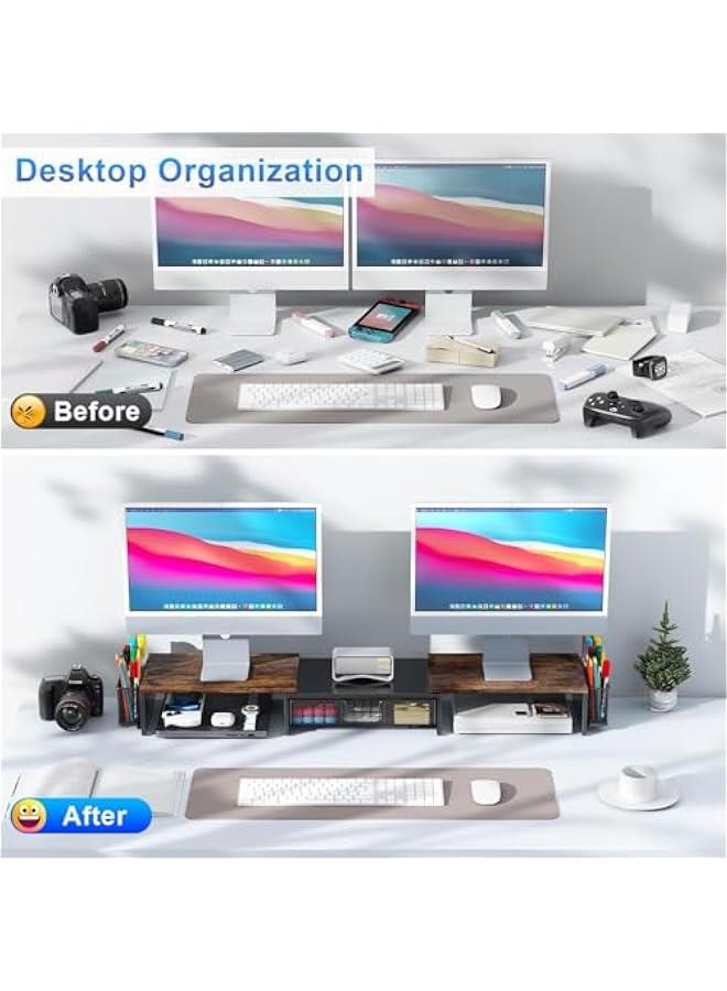 Arabest Dual Monitor Stand Riser, Desk Organizer With Drawer and 2 Pen Holders,Computer Monitor Stand, Desk Shelf for Top of Desk, Wood  - Image 2