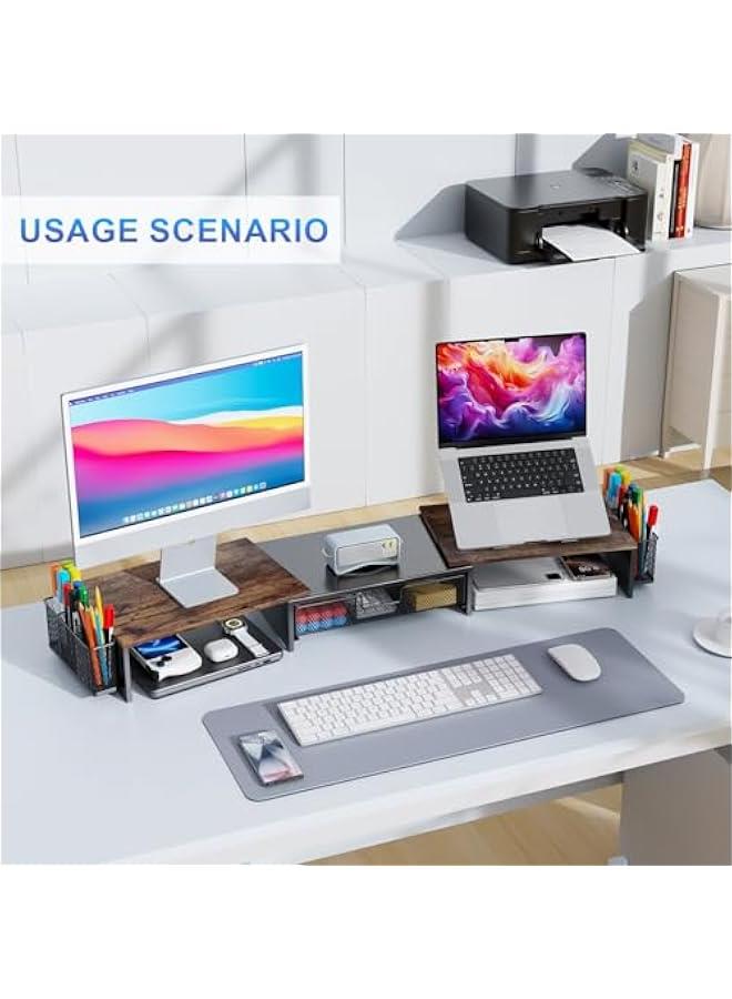 Arabest Dual Monitor Stand Riser, Desk Organizer With Drawer and 2 Pen Holders,Computer Monitor Stand, Desk Shelf for Top of Desk, Wood  - Image 3