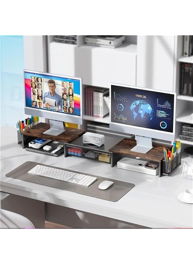 Arabest Dual Monitor Stand Riser, Desk Organizer With Drawer and 2 Pen Holders,Computer Monitor Stand, Desk Shelf for Top of Desk, Wood  - Image 4