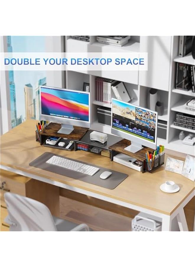 Arabest Dual Monitor Stand Riser, Desk Organizer With Drawer and 2 Pen Holders,Computer Monitor Stand, Desk Shelf for Top of Desk, Wood  - Image 5