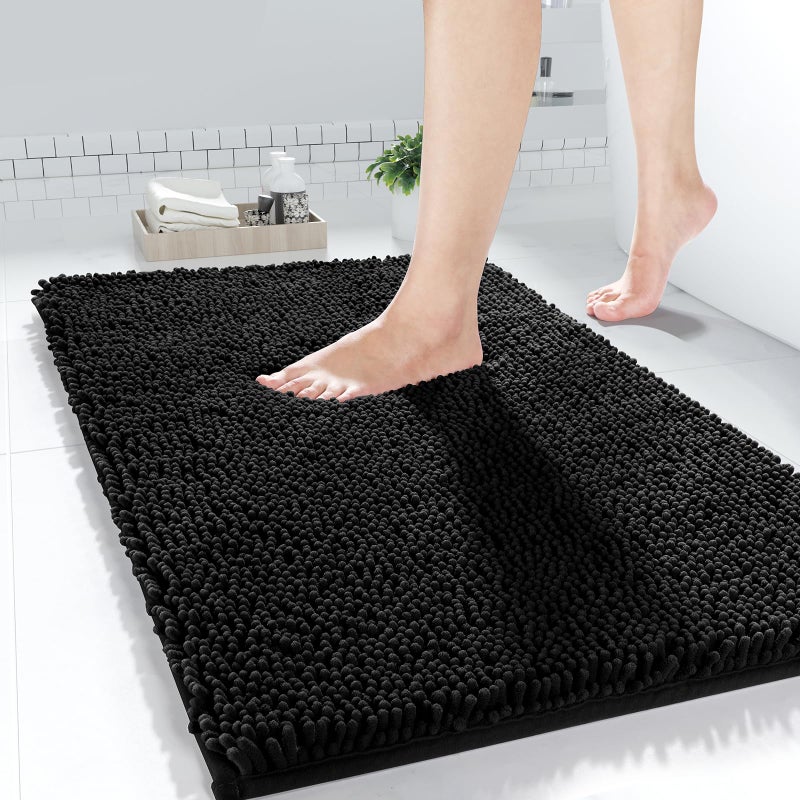 Yimobra Chenille Bathroom Rug 24x17 Extra Soft Absorbent Bath Rugs NonSlip Bath Mats for Bathroom Floor Water Absorbent Machine Washable Plush Bathroom Mat for Tub and Shower Black