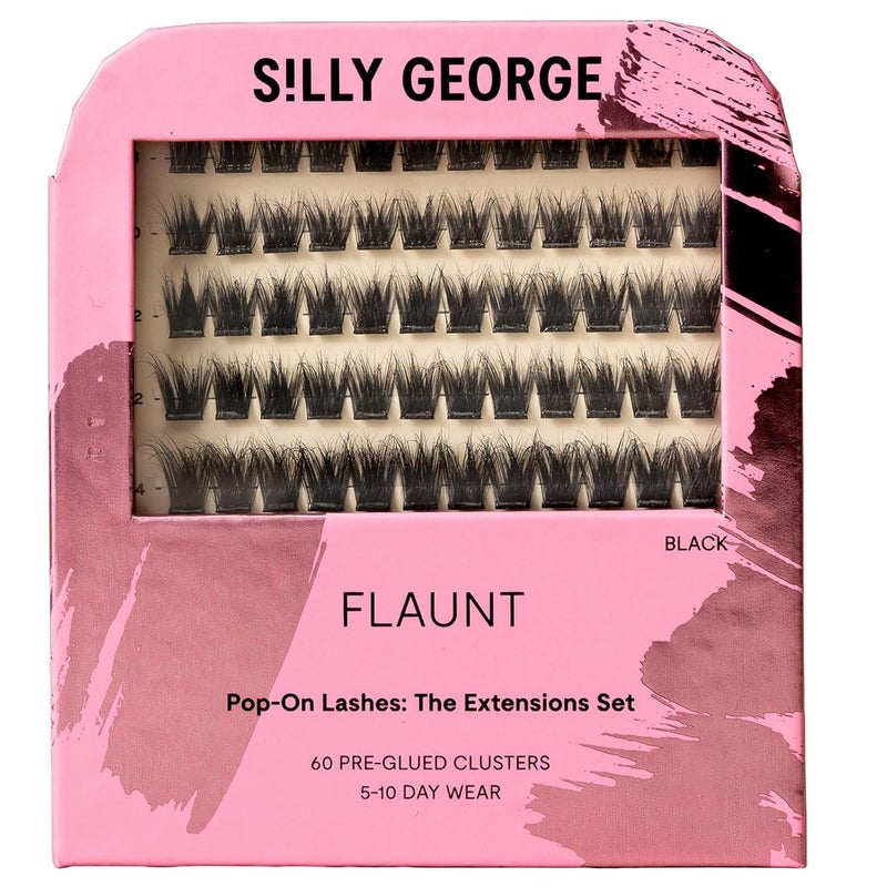 Silly George Pop-On Lashes - DIY 1-Step Pre-Glued Faux Eyelash Clusters, Natural Look Extensions, Black - Flaunt, 5-7 Pair Set, Pack of 60 Clusters - Image 1