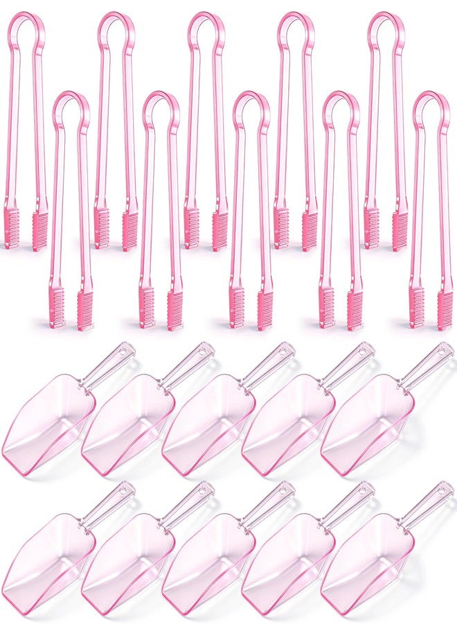 FoldTier 20 Pcs Plastic Serving Tongs and Plastic Kitchen Scoops Set Clear Pink Mini Kitchen Ice Tongs Utility Mini Clear Pink Shovel Buffet Scoops for Candy Dessert Buffet Ice Salad Snack Coffee - Image 1