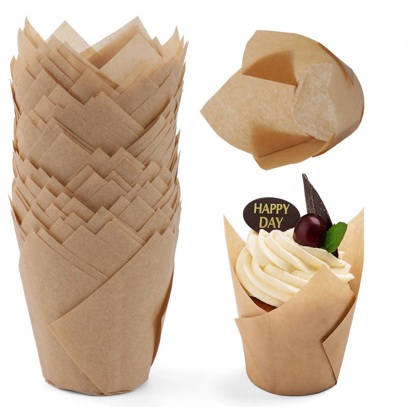 Taoxi 200pcs Tulip Cupcake Liners, Standard Greaseproof Paper Baking Cups Muffin Liners Holders Perfect for Bridal Showers, Baby Showers, Birthday Parties, Banquets, and Catering Events (Natural) - Image 1