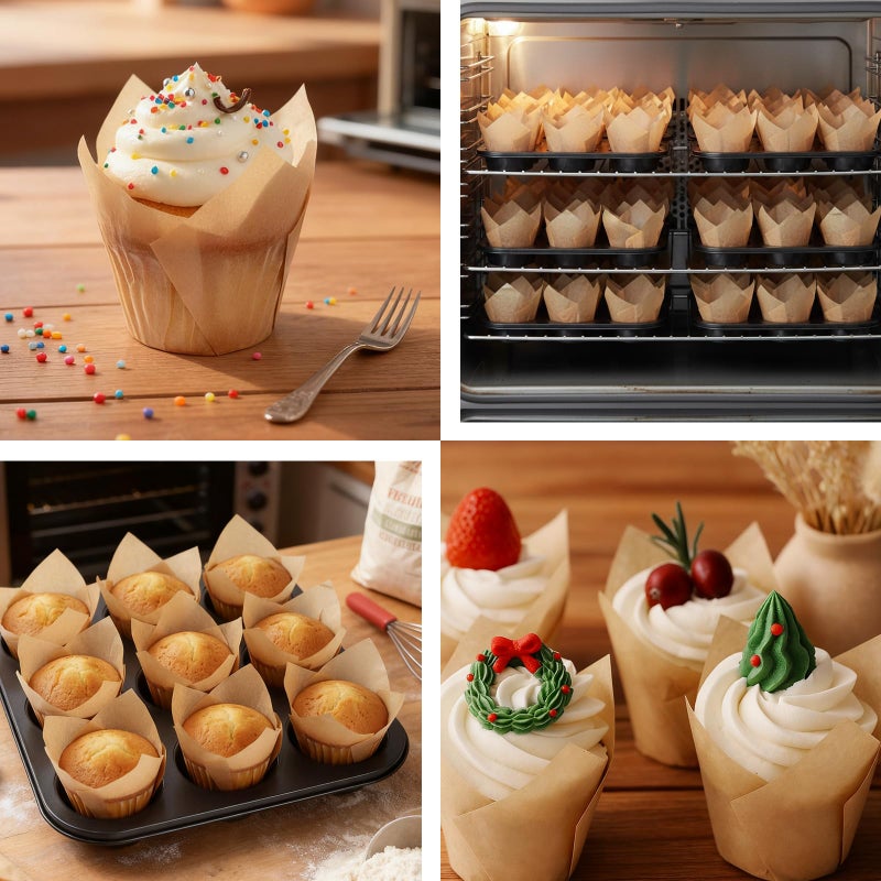 Taoxi 200pcs Tulip Cupcake Liners, Standard Greaseproof Paper Baking Cups Muffin Liners Holders Perfect for Bridal Showers, Baby Showers, Birthday Parties, Banquets, and Catering Events (Natural) - Image 4