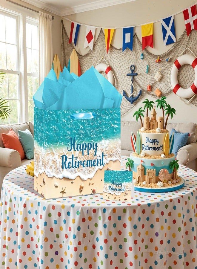 Woosytoo Large Happy Retirement Gift Bag with Tissue Paper and Card Beach Ocean Theme Retired Gift Bags for Women Men Coworker Boss Summer Seaside Wrapping Paper for Retirement Party Decor Farewell Supplies - Image 3